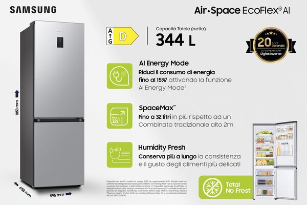 Samsung Frigorifero Combinato Capacit 344 Litri Classe energetica D Raffreddamento No Frost EcoFlex AI colore Silver Inox - RB34C672DSA/EF