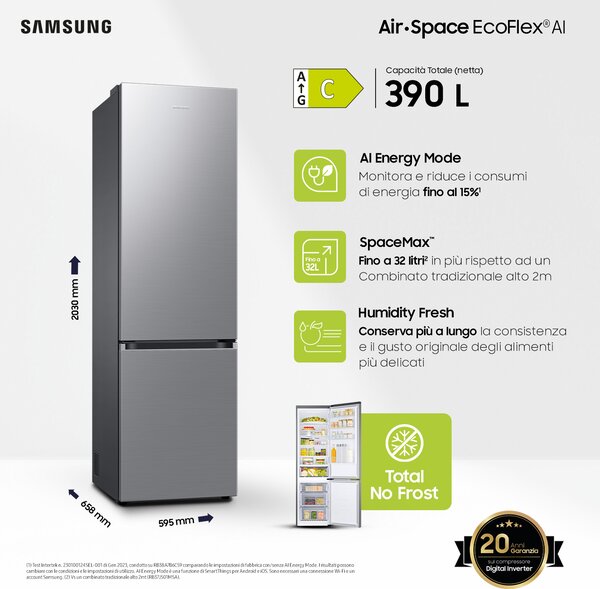 Samsung Frigorifero Combinato Capacit 390 Litri Classe energetica C Raffreddamento No Frost colore Acciaio Inox - RB38C600CS9/EF