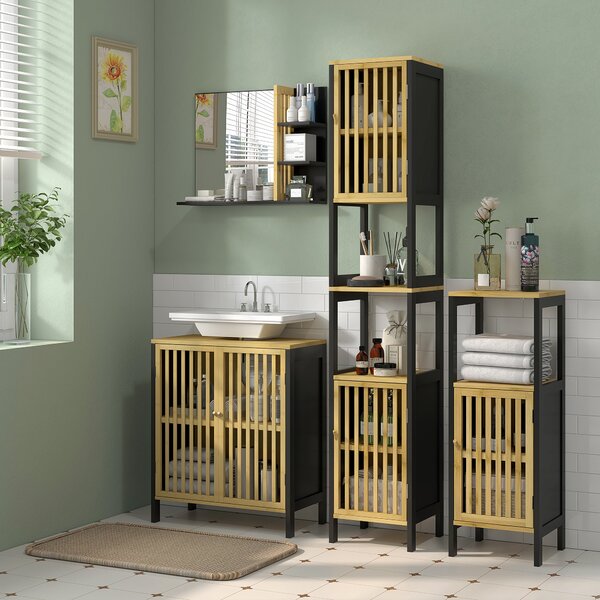 HOMCOM Mobiletto Bagno a Doghe con 2 Ripiani Aperti e 2 Armadietti, in MDF e Bambù, 32x30x172 cm, Nero e color Legno|Aosom