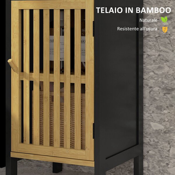 HOMCOM Mobiletto Bagno con Ripiano Aperto e Armadietto, in MDF e Bambù, 32x30x90.5 cm, Nero e color Legno|Aosom