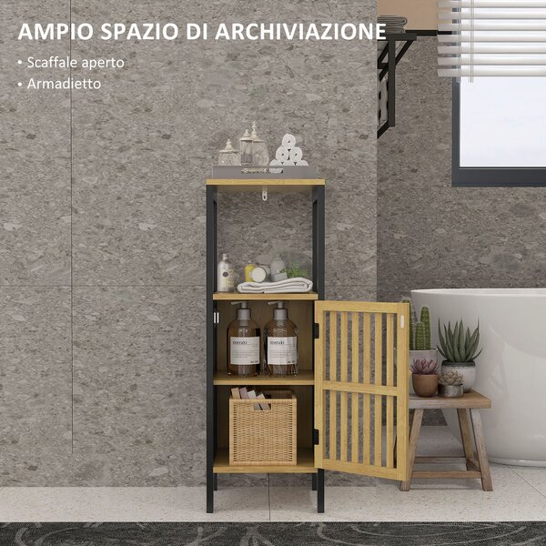 HOMCOM Mobiletto Bagno con Ripiano Aperto e Armadietto, in MDF e Bambù, 32x30x90.5 cm, Nero e color Legno|Aosom
