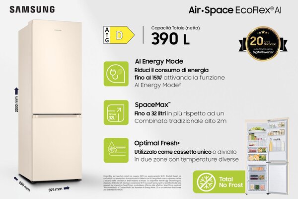 Samsung Frigorifero Combinato Classe D Capacit 390 Litri No Frost Ditigal Inverter con SmartThings Energy colore Sabbia - RB38C603DEL