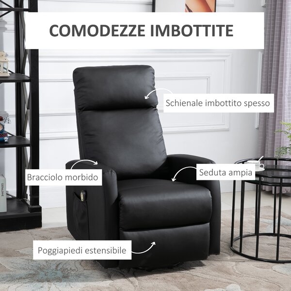 HOMCOM Poltrona Alzapersona Reclinabile elettrica imbottita 145° con telecomando poggiapiedi, in PU e acciaio, per anziani, nera |Aosom Italy