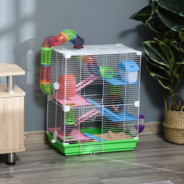 PawHut Gabbia con Maniglia per Criceti a 5 livelli con Tubi Colorati, Ruota per Criceti, Scale, Casetta e Accessori per Cibo, 46x30x58 cm|Aosom