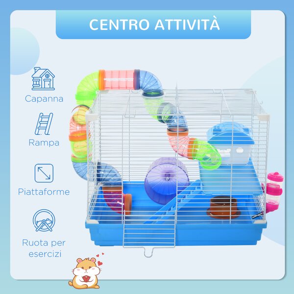 PawHut Gabbia per Criceti a 2 Livelli con Serbatoio per Acqua, Vassoio Rimovibile, Tunnel e Ruota per Criceti, 46x30x37 cm, Blu e Bianca|Aosom