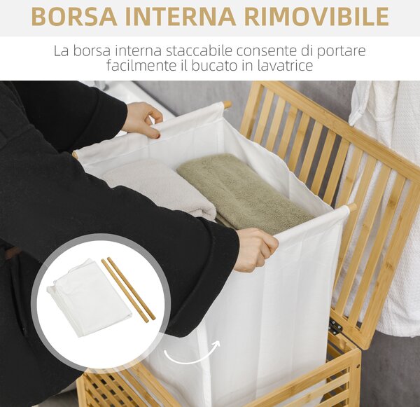 HOMCOM Cesto Portabiancheria a Doghe in Bambù e Tessuto con Coperchio e Sacca Rimovibile, 50x36x60 cm|Aosom