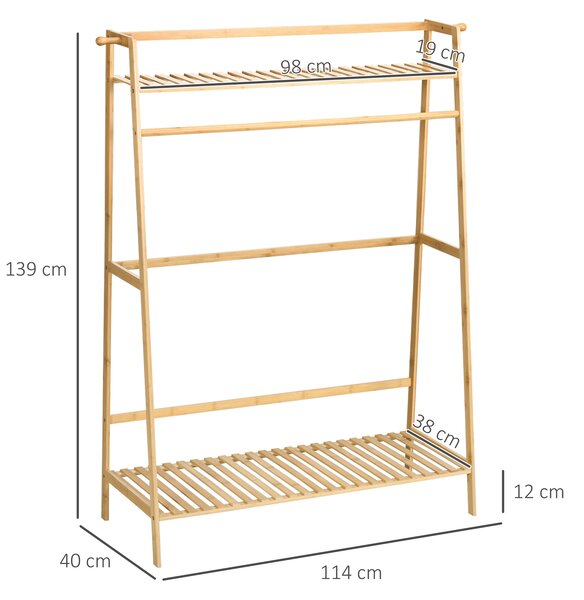 HOMCOM Appendiabiti in Bambù, Design Rialzato a 2 Livelli con Barra e 2 Ganci, 114x40x139 cm|Aosom