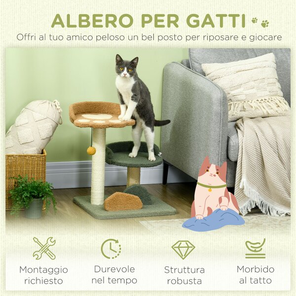 PawHut Albero Tiragraffi per Gatti con 2 Lettini, Pallina e Rivestimento in Velluto, 43x39x52cm|Aosom