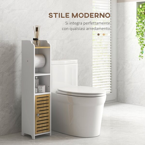 Kleankin Mobiletto Bagno Salvaspazio in Truciolato con Ripiani e Armadietto Inferiore, 18x20x90 cm, Bianco|Aosom