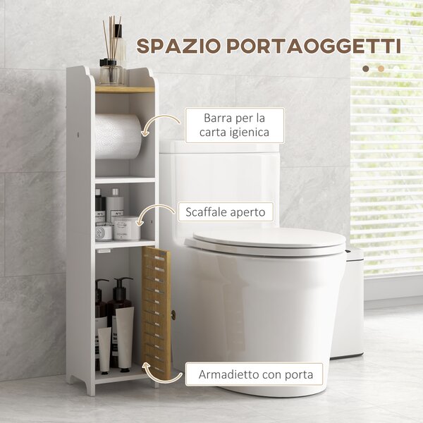 Kleankin Mobiletto Bagno Salvaspazio in Truciolato con Ripiani e Armadietto Inferiore, 18x20x90 cm, Bianco|Aosom