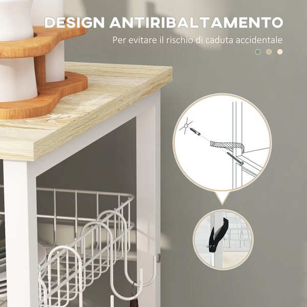 HOMCOM Mobile Cucina Moderno a 4 Ripiani con Cestino e Ganci in Legno e Acciaio, 90x40x84.5cm, Quercia e Bianco