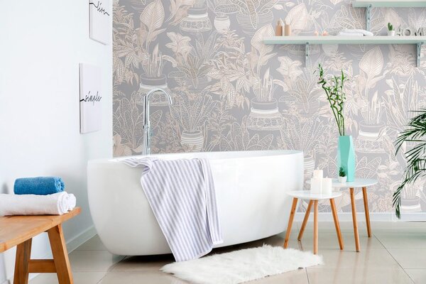 Carta da parati – Motivo botanico in tonalità grigio-beige