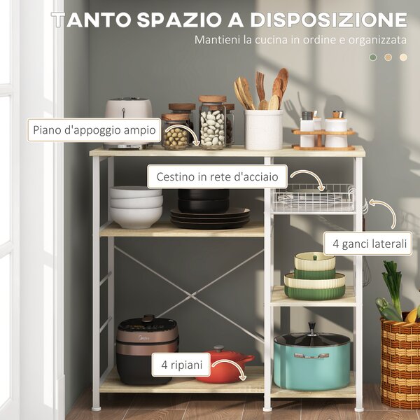 HOMCOM Mobile Cucina Moderno a 4 Ripiani con Cestino e Ganci in Legno e Acciaio, 90x40x84.5cm, Quercia e Bianco