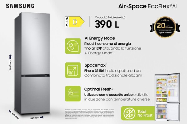 Samsung Frigorifero Combinato No Frost Capacit 390 Litri Classe energetica D colore Inox - RB38C603DSA