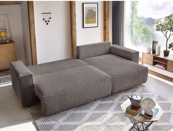 Divano angolare grigio tortora allungabile/con contenitore con rivestimento in velluto a coste Nihad – Bobochic Paris
