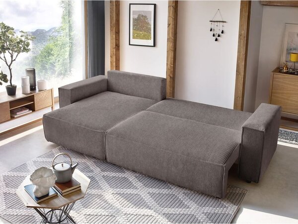 Divano angolare grigio tortora allungabile/con contenitore con rivestimento in velluto a coste Nihad – Bobochic Paris