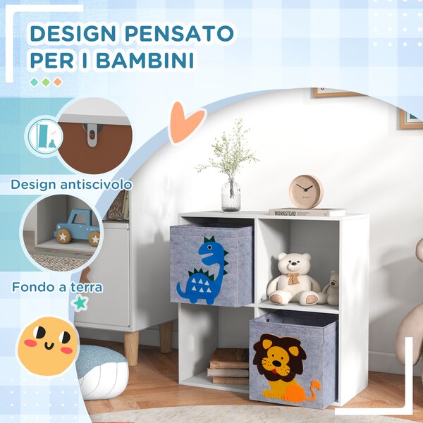 ZONEKIZ Scaffale Portagiochi per Bambini con 4 Scomparti e Contenitori, 61.8x29.9x61.8cm, Bianco|Aosom