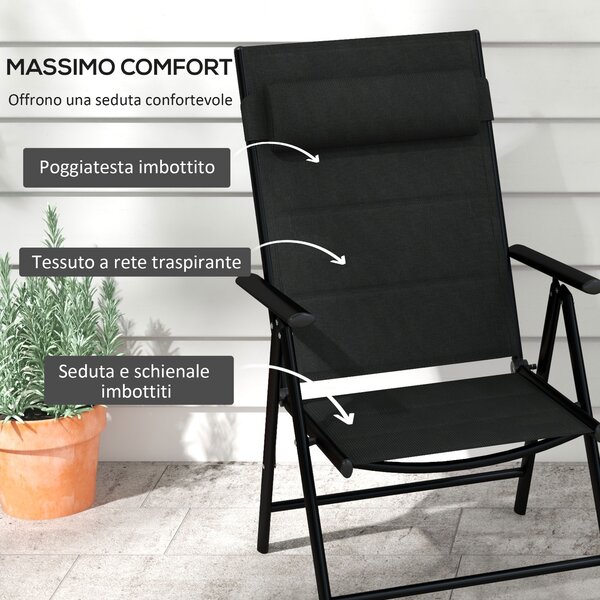 Outsunny Set 2 Sedie Pieghevoli con Schienale Reclinabile e Poggiatesta, in Alluminio e Poliestere, 54x67x108 cm, Nero|Aosom