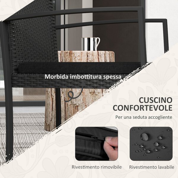 Outsunny Set da Giardino 3 Pezzi con 2 Sedie con Cuscini e Tavolino con Piano in Vetro, Effetto Rattan Nero|Aosom