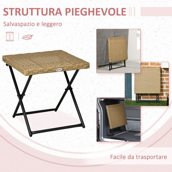 Outsunny Tavolino da Giardino Pieghevole Salvaspazio in Rattan Sintetico e Acciaio, 40x40x40cm, Colore Vimini|Aosom