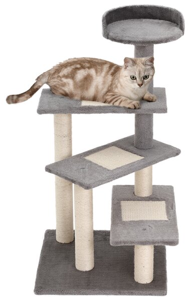 PawHut Tiragraffi per Gatti da 100cm con Lettino Rotondo, Pali in Sisal e Rivestimento in Peluche, Grigio