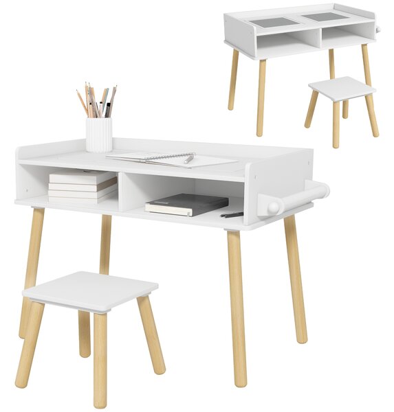 HOMCOM Set Tavolino e Sedie per Bambini, Piano del tavolo a 2 lati Reversibile e Rotolo di Carta, in MDF e legno, Bianco|Aosom Italy