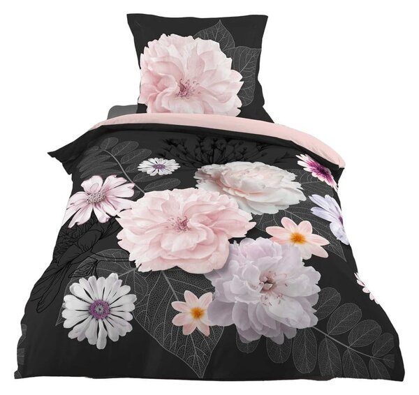 Biancheria da letto nera/rosa in cotone per letto singolo 140x200 cm Floral – douceur d'intérieur
