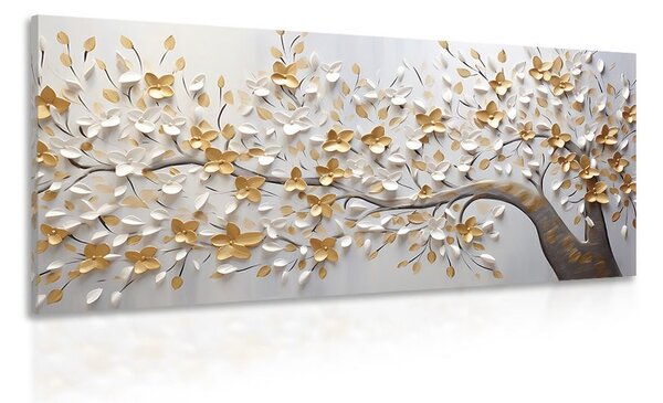 Stampa su tela – Albero con fiori bianco-dorati