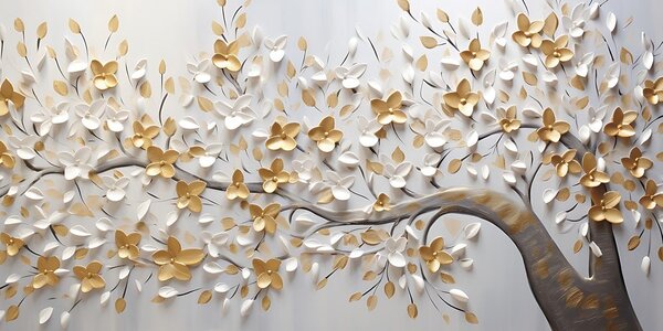 Stampa su tela – Albero con fiori bianco-dorati
