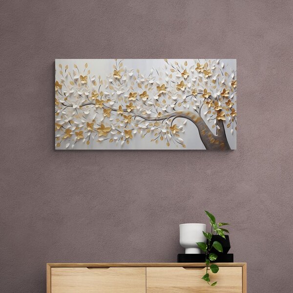 Stampa su tela – Albero con fiori bianco-dorati