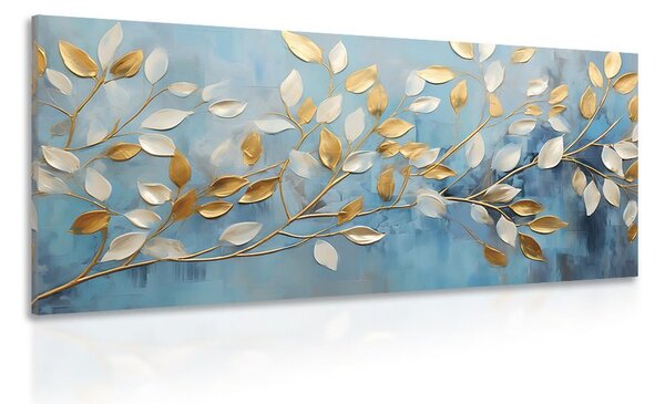 Quadro su tela – Foglie oro-bianche su sfondo blu