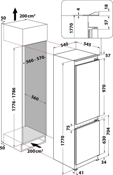 Whirlpool Frigorifero da Incasso Combinato Capacit 250 Litri Classe energetica C Raffreddamento No Frost Tecnologia 6 Senso - WHC18 T514