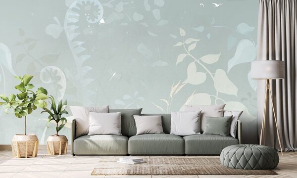 Carta da parati – Natura morta astratta vegetale in blu-grigio