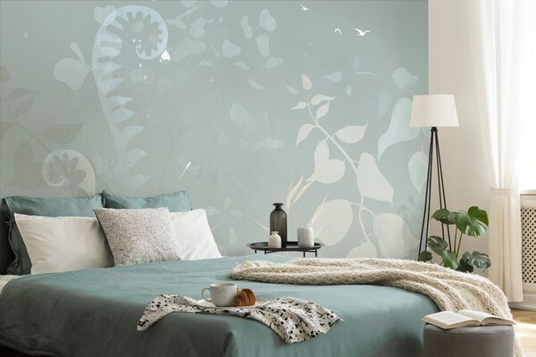 Carta da parati – Natura morta astratta vegetale in blu-grigio