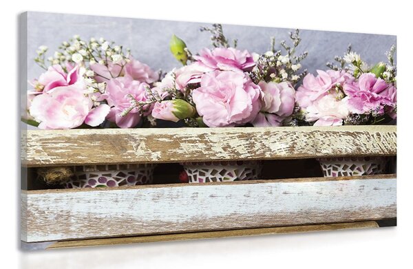 Quadro su tela – Fiori in cassetta di legno senza cuore