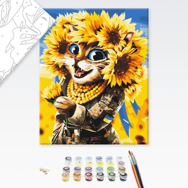 Dipingere con i numeri – Gatto coraggioso con girasoli