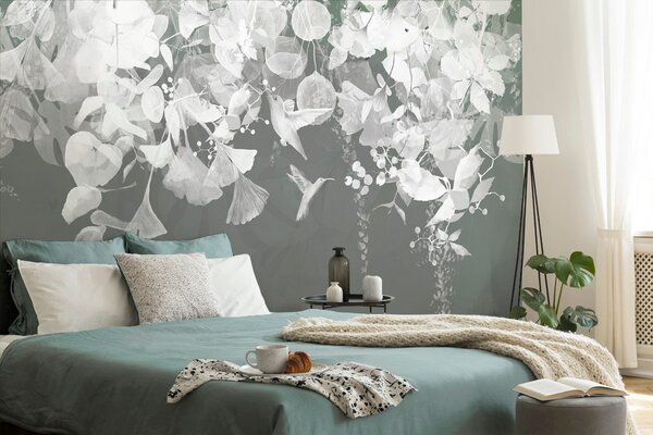 Carta da parati – Foglie Verde-Grigio con Colibrì