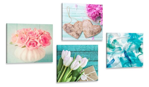 Set di quadri – Natura morta turchese con fiori