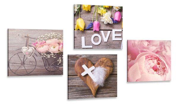 Set di quadri – Natura morta di fiori con croce e scritta Love