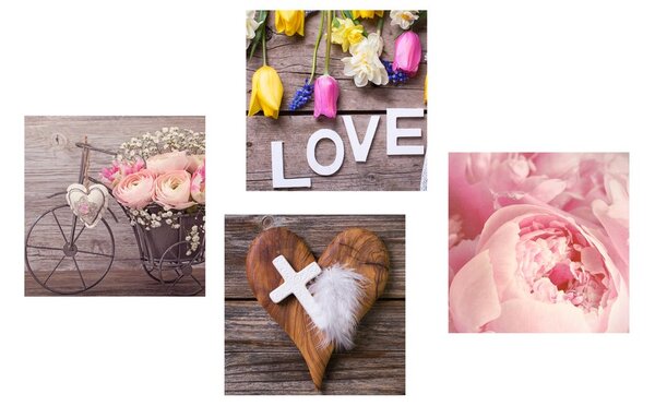 Set di quadri – Natura morta di fiori con croce e scritta Love