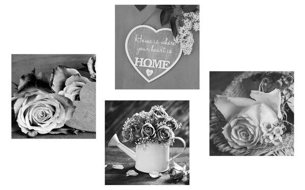 Set di quadri – Fiori in bianco e nero con scritta Home