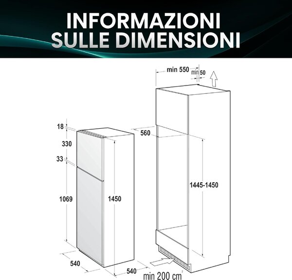 Hisense Frigorifero da Incasso Doppia Porta Capacit 205 Litri Classe energetica E Raffreddamento Statico - RI1P205NEWE