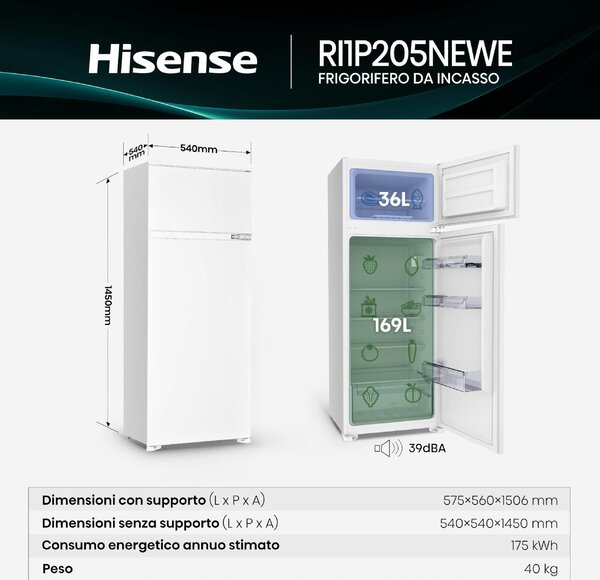Hisense Frigorifero da Incasso Doppia Porta Capacit 205 Litri Classe energetica E Raffreddamento Statico - RI1P205NEWE