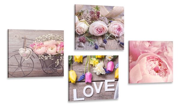 Set di quadri – Natura morta floreale delicata con scritta Love