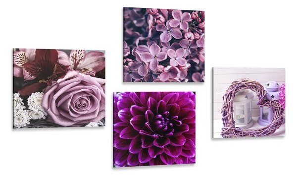 Set di quadri – Fiori viola con cuoricino