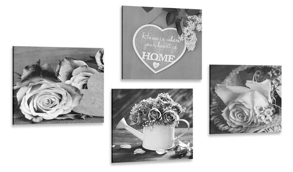 Set di quadri – Fiori in bianco e nero con scritta Home