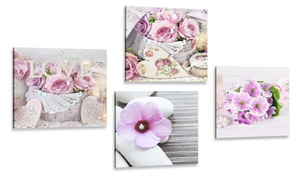 Set di quadri – Fiori romantici con scritta Love