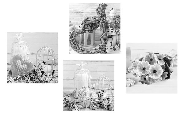 Set di quadri – Lanterne in bianco e nero con bouquet