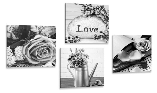 Set di quadri – Natura morta vintage in bianco e nero con scritta Love