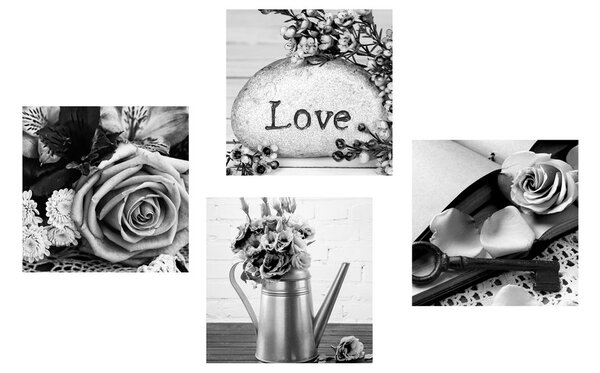 Set di quadri – Natura morta vintage in bianco e nero con scritta Love